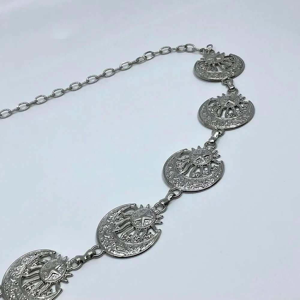 Vintage Y2K Celestial Silver Sun and Moon Chain Belt, 19.5–39 Inches, X7GA1149